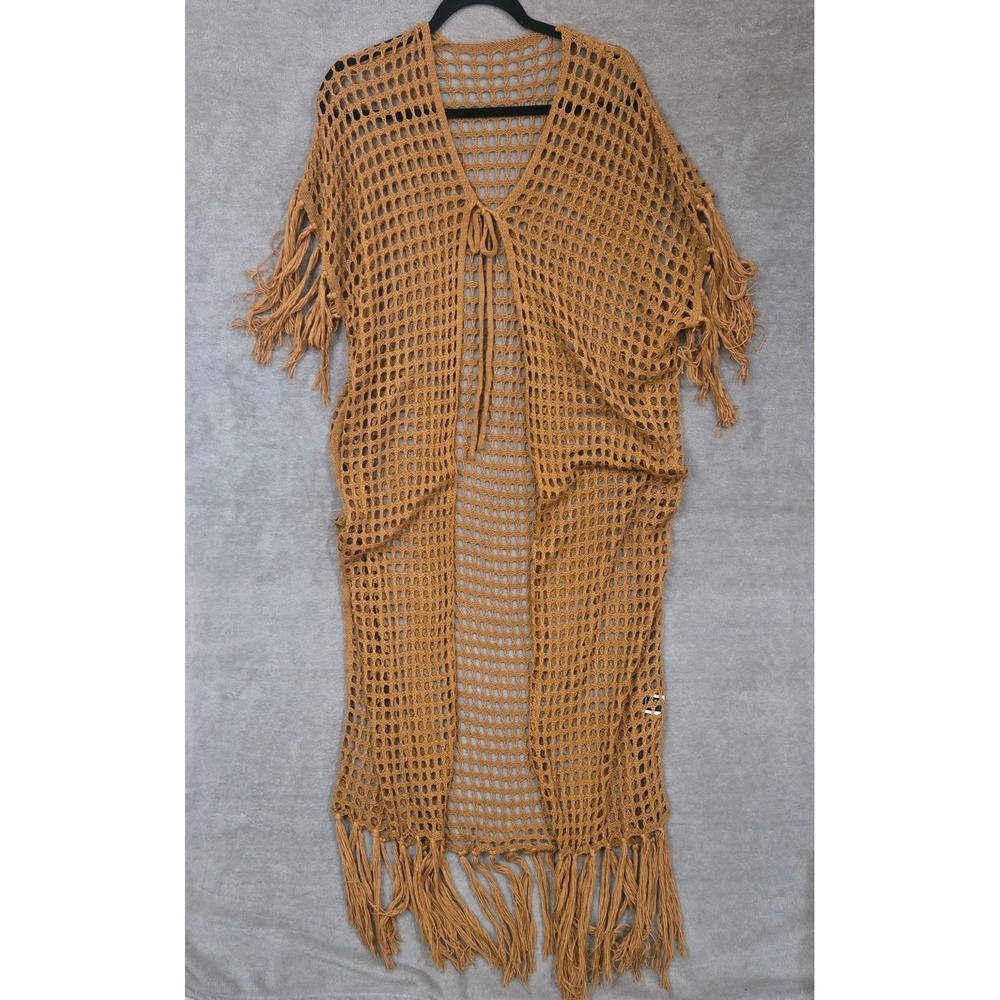 Crochet Kimono Women 2X Boho Fringe Open Knit Cover Up Western Resort Earthy